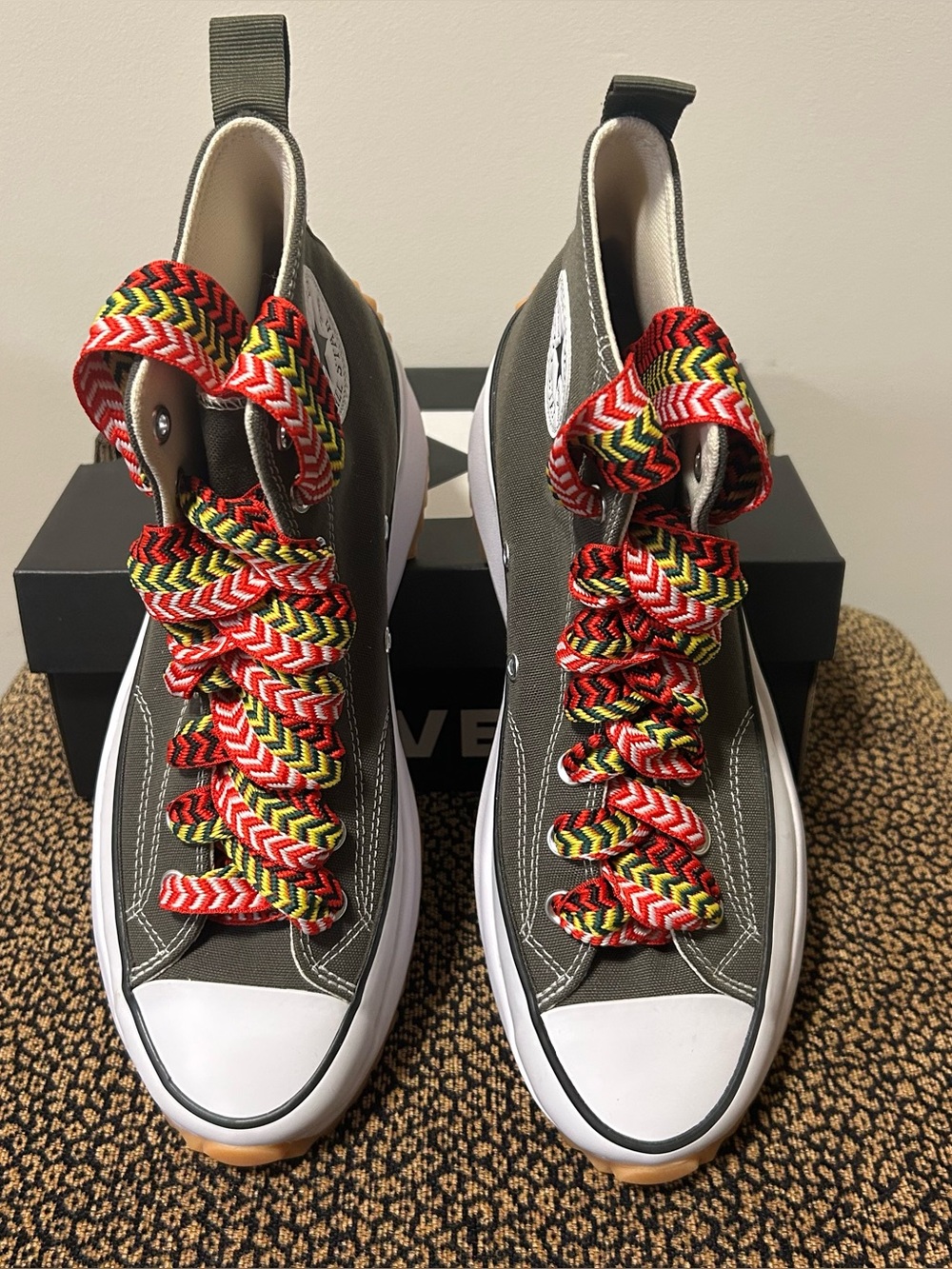 New Converse Run Star Hike High Tops in Olive with Red/Yellow/Green Laces